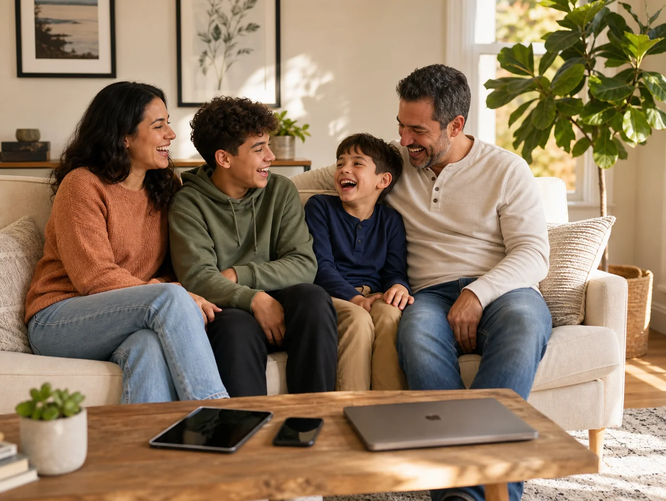Parents and teenage children relaxing together at home while using a laptop and tablet